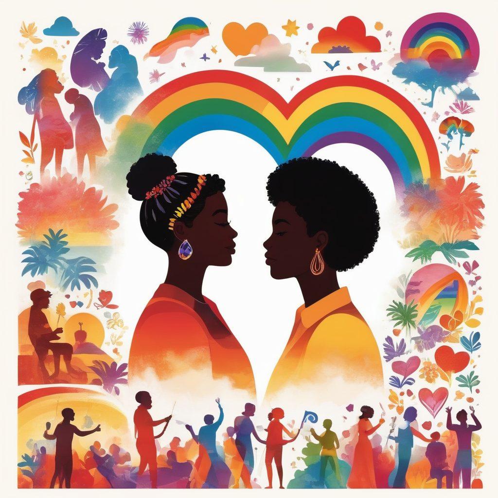 A vibrant and diverse collage of queer adult entertainment elements, featuring colorful silhouettes of various LGBTQ+ characters engaging in joyful and playful activities. The background should reflect a warm and inviting atmosphere, incorporating symbols of love and acceptance, such as rainbow flags and heart motifs. The overall composition should celebrate inclusivity, pleasure, and exploration, filled with bright colors and dynamic shapes. vector art. vibrant colors. white background.