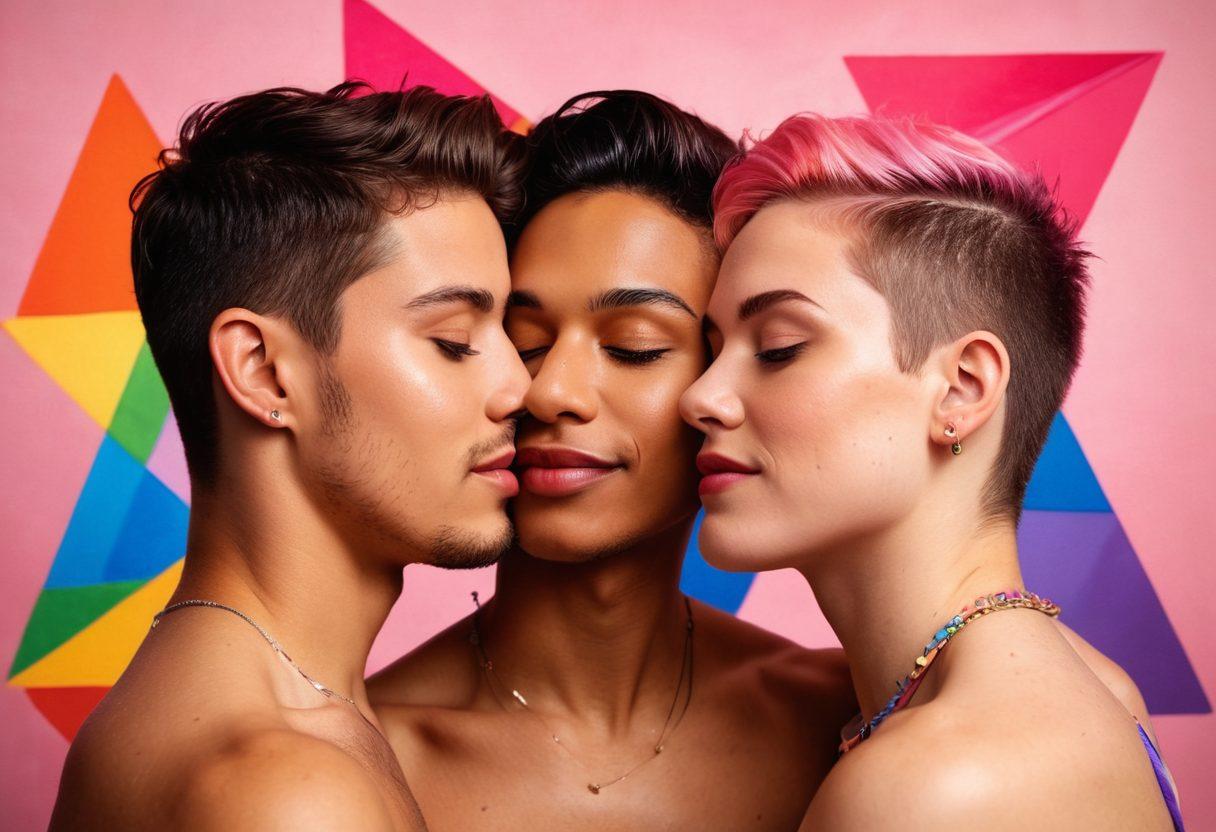 A vibrant collage showcasing diverse gay and lesbian couples engaged in intimate moments, celebrating love and sensuality. The background should feature iconic cultural symbols representing LGBTQ+ history, such as rainbow flags and pink triangles. Elements of soft lighting and warm colors to evoke a sense of warmth and acceptance. Artistic expressions that convey emotion and connection, like close-up hand-holding and shared laughter. watercolors. vibrant colors. modern art.