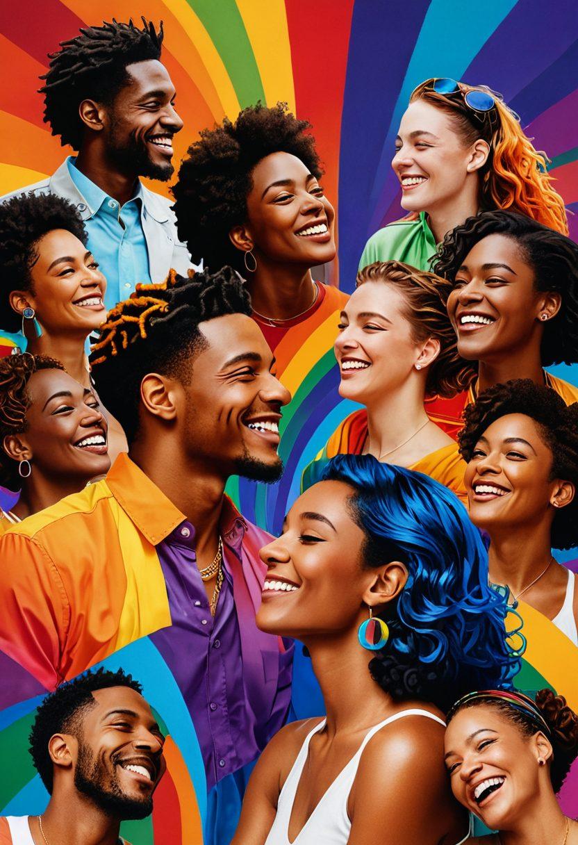 A vibrant and dynamic collage showcasing diverse LGBTQ individuals in intimate and joyful moments, surrounded by a spectrum of rainbow colors. Include film reels and video elements that symbolize adult films and sensuality, with a playful and artistic representation of love and relationships. The background should be fluid and abstract, enhancing the feeling of exploration and celebration. super-realistic. vibrant colors. abstract background.